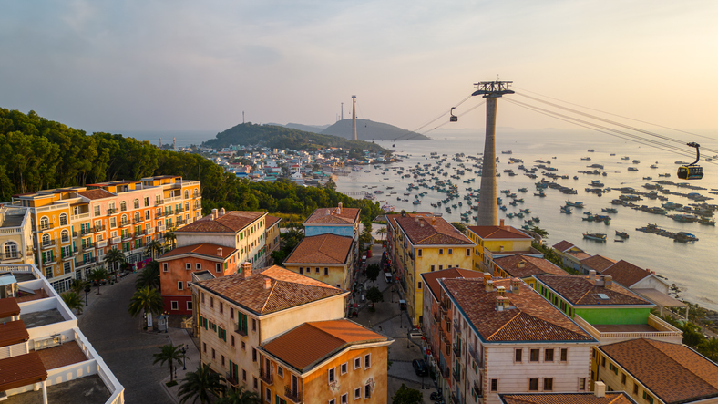 Picturesque view of Sunset Town, Cable Car, and fishing village on Phu Quoc Island at sunset, Vietnam.