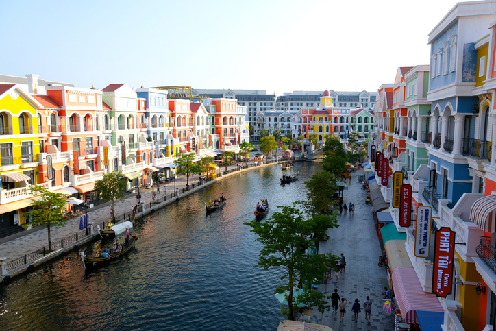 Grand World Phu Quoc unique architecture on pearl island sightseeing beautiful places. Colorful buildings like in Venice Italy in city Phu Quoc Island Vietnam 03.05.2025